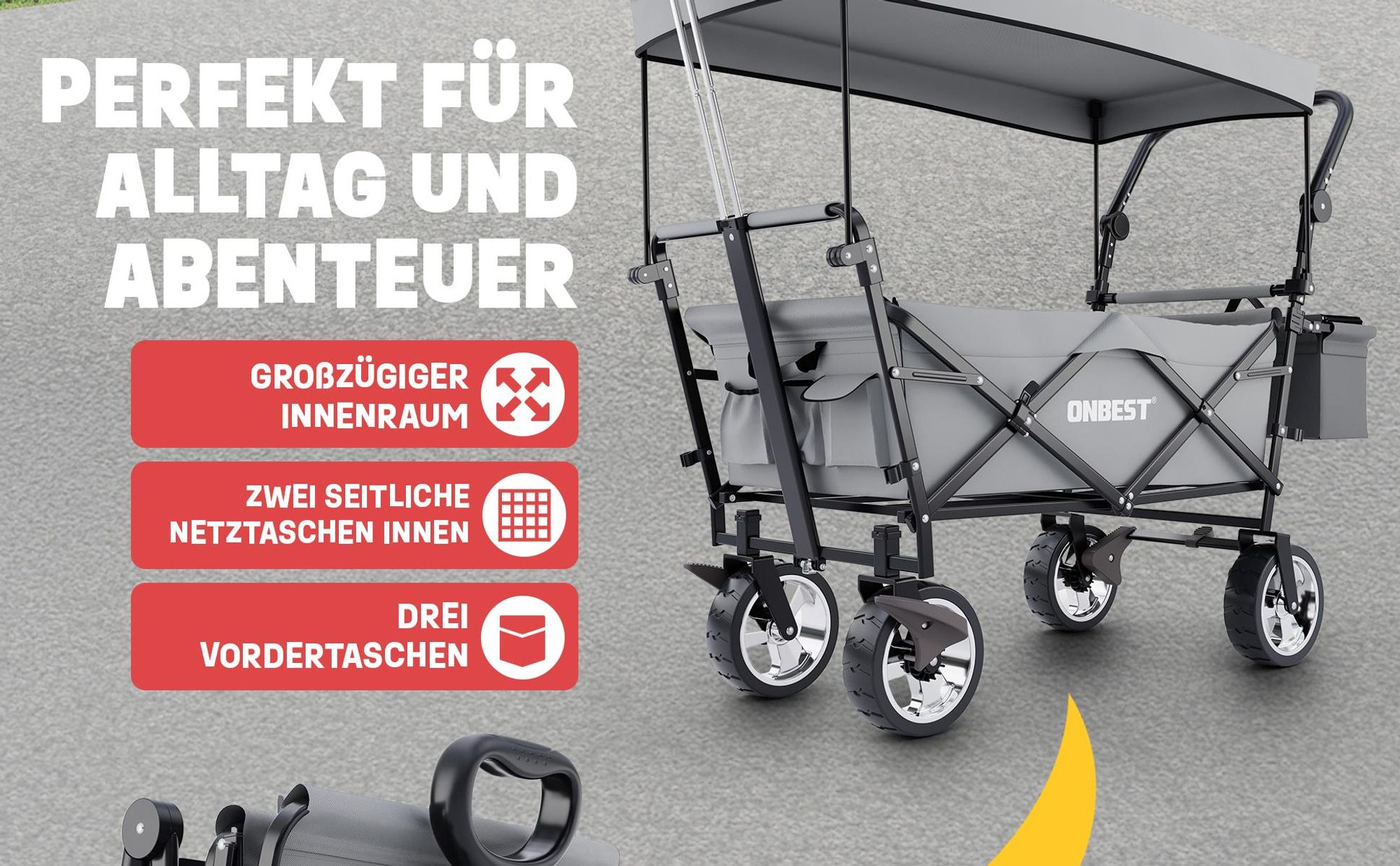 ONBEST Bollerwagen | faltbar | mit Dach | mit Regenschutz | 100 kg | Kühltasche | Wetterfest | UV30+
