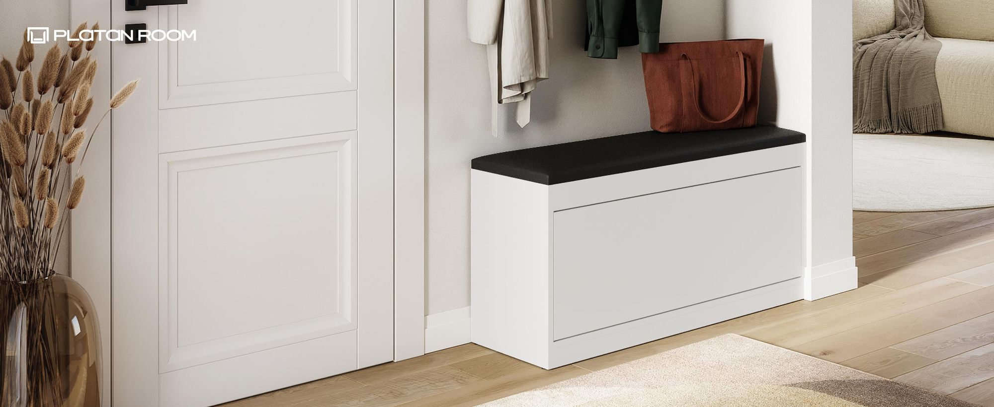 PLATAN ROOM Schuhschrank mit Sitzfläche 100 x 53 x 35 cm Schuhbank KASCHMIR / SCHWARZ aufklappbar Sitzkommode