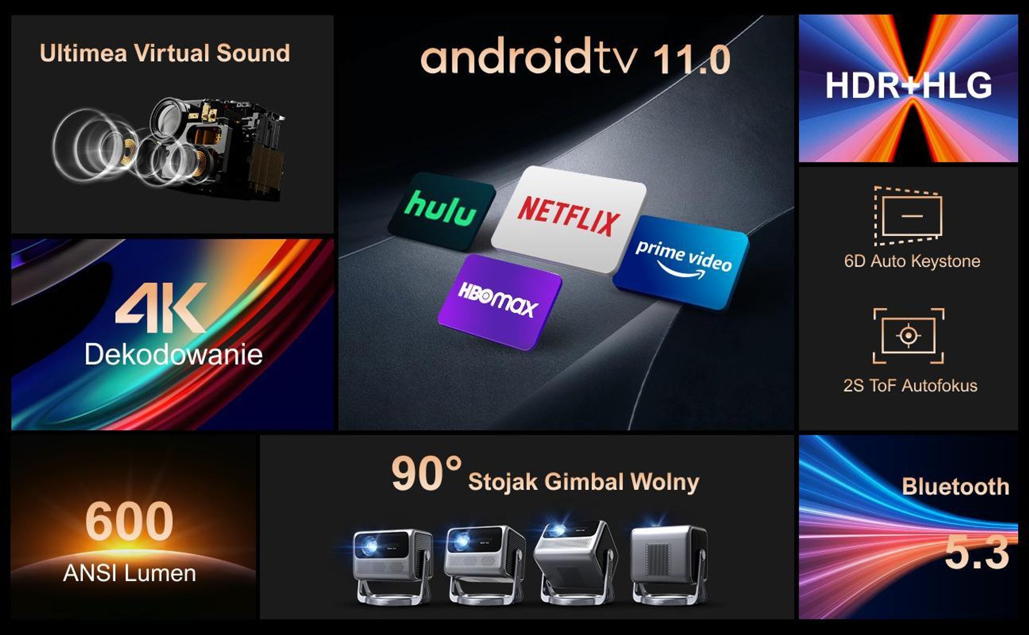 ULTIMEA Smart Beamer Android TV 11.0 z Netflix, projektor filmowy 4K z gimbalem 90°, 600 ANSI Full-HD, HDR10&HLG, Bluetooth