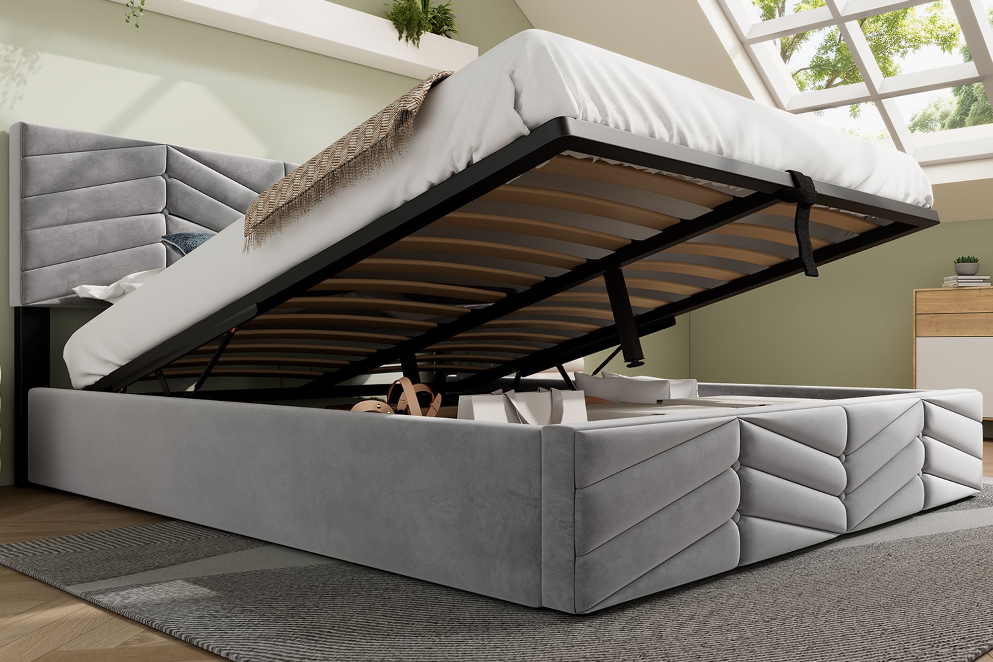 okwish Polsterbett 180×200cm Stauraumbett Doppelbett mit verstellbares Kopfteil,hydraulisches Kontinentalbett,Streifenstil,Samt,Grau,ohne Matratze
