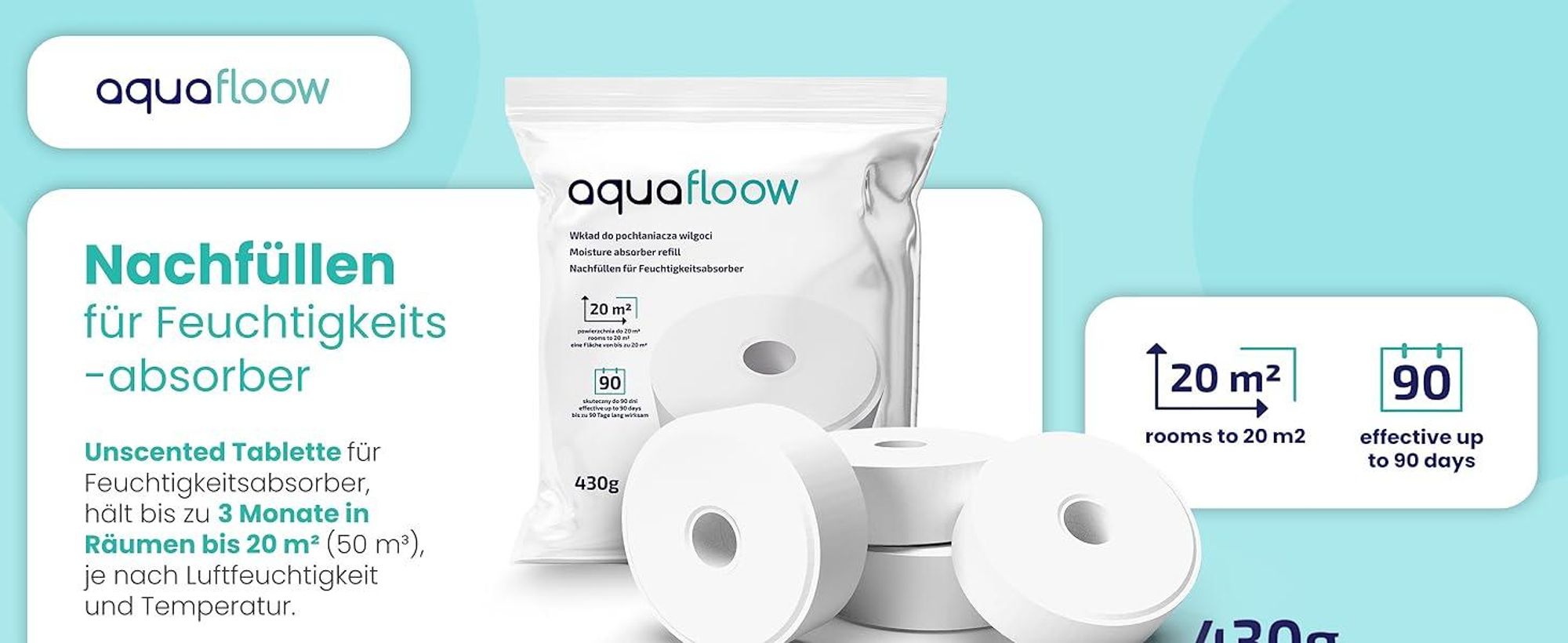 AquaFloow 10x Feuchtigkeitsabsorber-Tabletten 430g – Bezzapft, universell, 90 Tage Wirkung