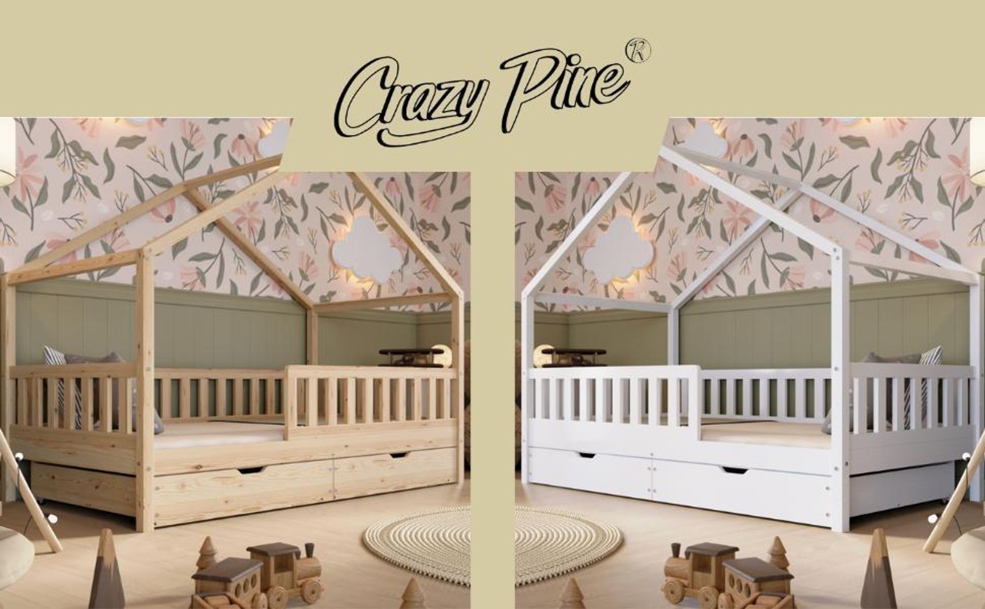Crazy Pine Lit cabane avec tiroirs 80x160 cm - Lit d'enfant en bois naturel - Lit au sol avec espace de rangement et barrière amovible - Crazy House