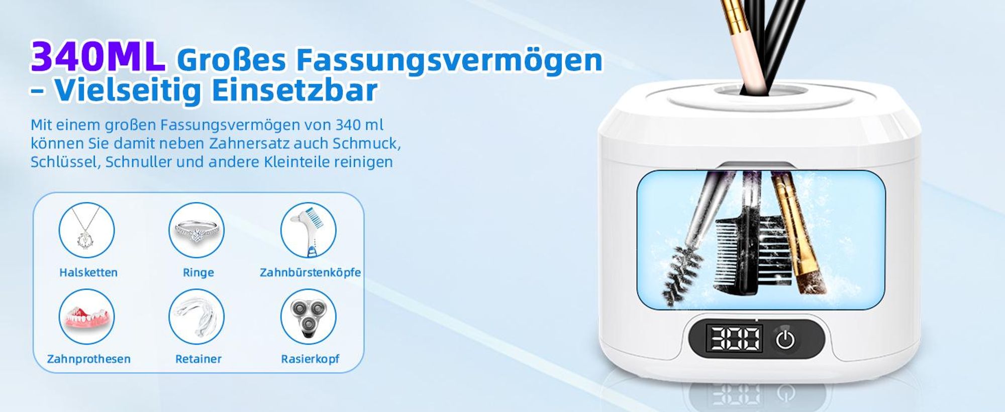 Ultraschallreiniger, Ultraschallreinigungsgerät, 50000Hz Ultrasonic Cleaner, 340ML Ultraschallgerät mit 6 UV-Licht & 4 Modes, für Zahnersatz, Retainer