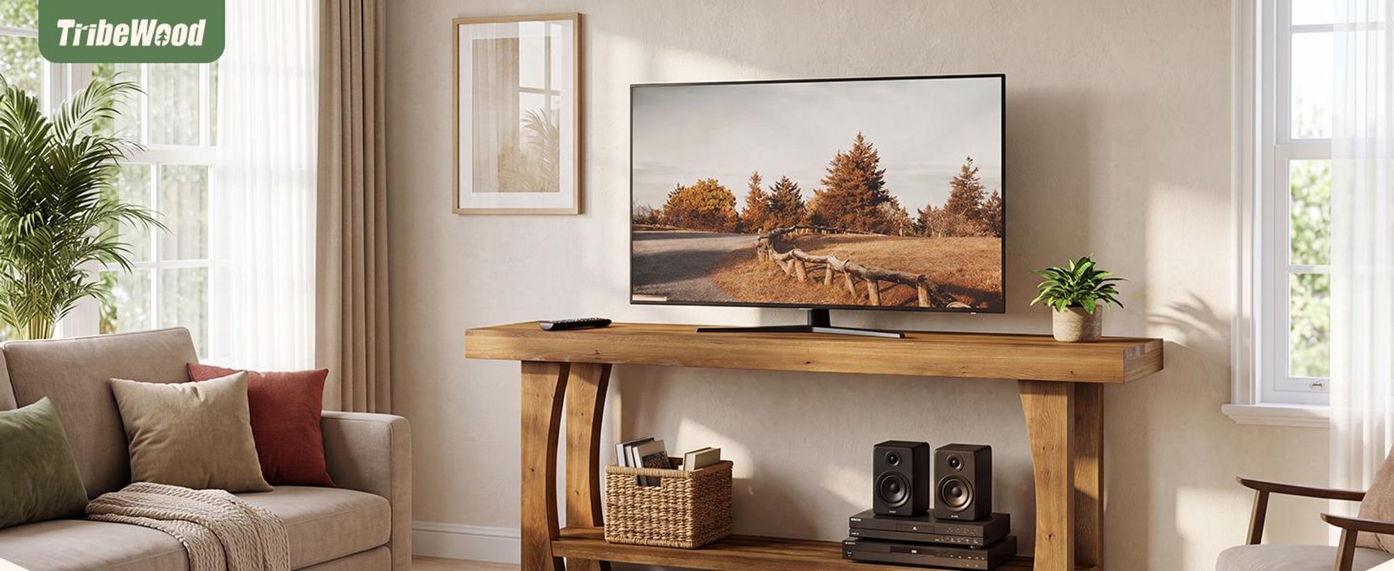 Tribesigns Massiver TV-Ständer Holz für 55, 60, 65 und 70 Zoll Fernseher, Medienkonsole Landhausstil mit konischen Beinen und zwei offenen Regalböden