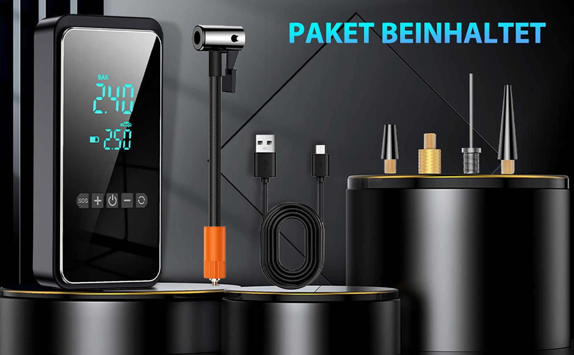 Elektrische Luftpumpe 150PSI, Tragbarer Akku Kompressor 12V 6000mAh, Wiederaufladbare USB-C Luftpumpe Fahrrad Elektrisch mit Notbeleuchtung und Digita