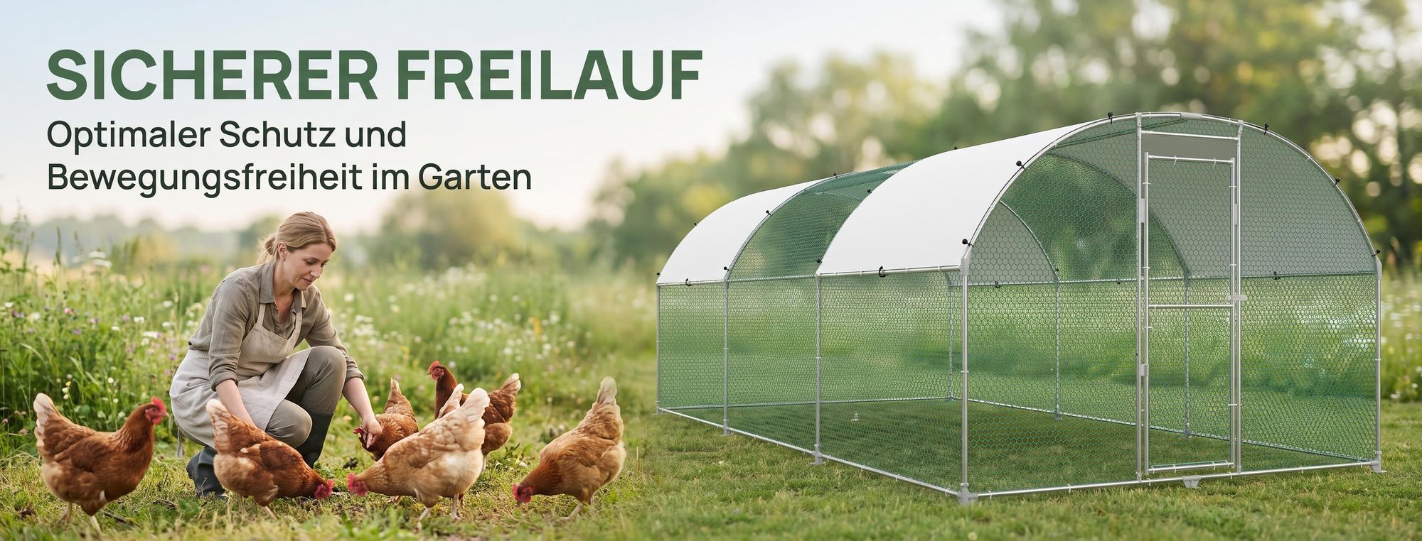 ROSEJANE Bogen-Hühnergehege 3 x 4 x 2 m, Hühnerauslauf mit verzinktem Stahlrahmen, PVC-beschichtetem Drahtgitter und UV-beständigem PE-Dach, abschließbare Tür, für Hühner, Enten, Gänse und Kaninchen