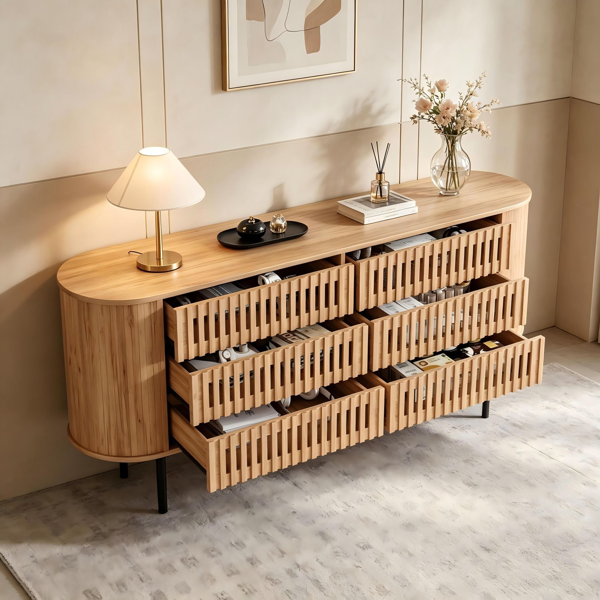 Merax Sideboard mit 6 Schubladen, Kommode Lamellen Design aus MDF, Schubladenschrank mit Metallbeine 70kg, mit Abgerundete Ecken, Stauraum, Natur