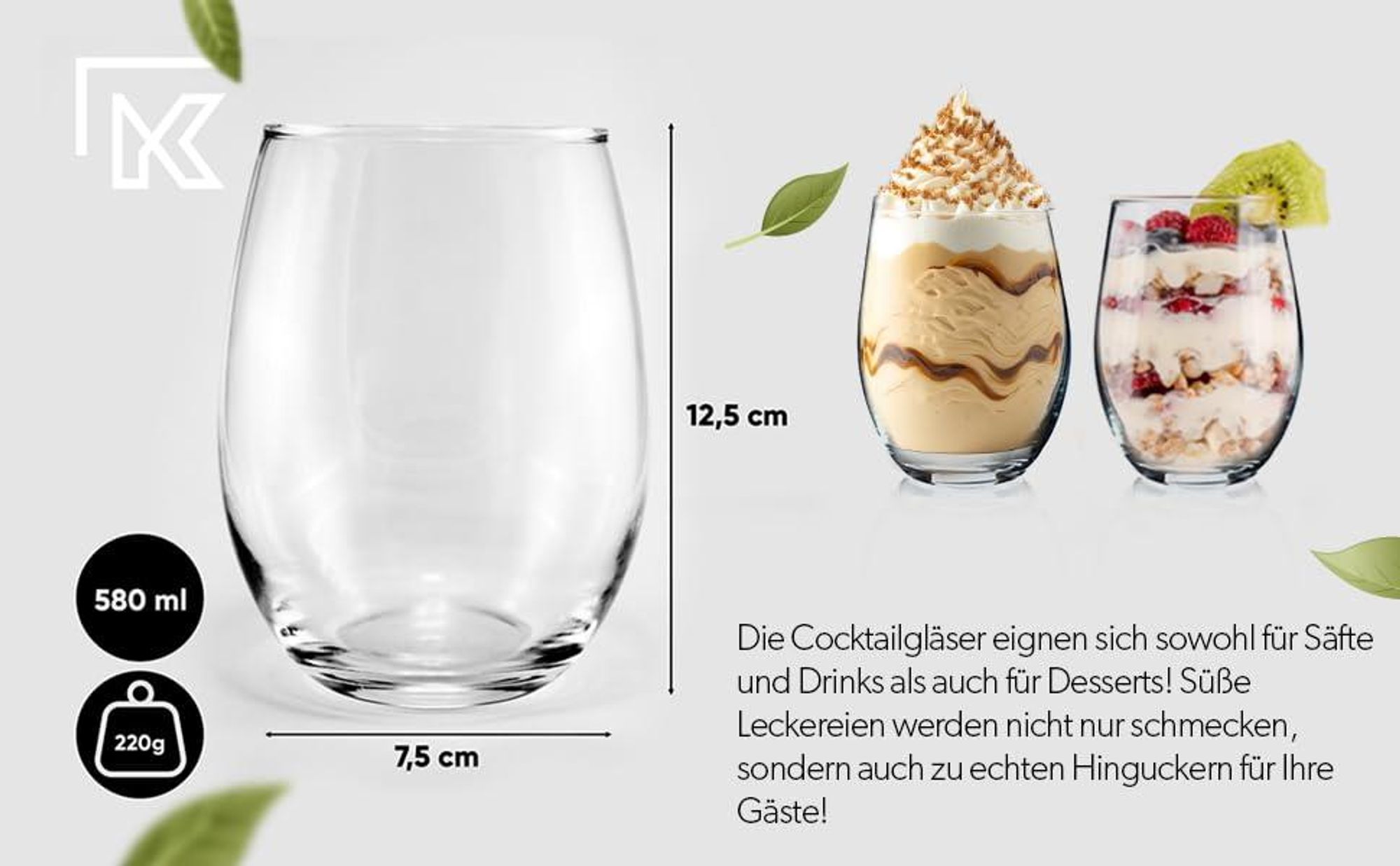 KADAX Wasser und Saftgläser "Stilo", Getränkegläser, 580ml, 6 Stück