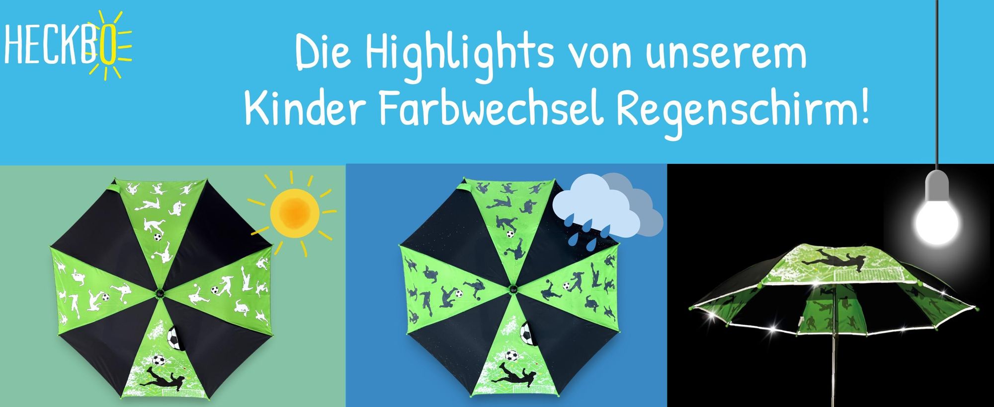 HECKBO Kinder Regenschirm Fussball – für Jungen und Mädchen – Farbwechsel bei Regen – Reflektoren – Taschenschirm – Holzgriff