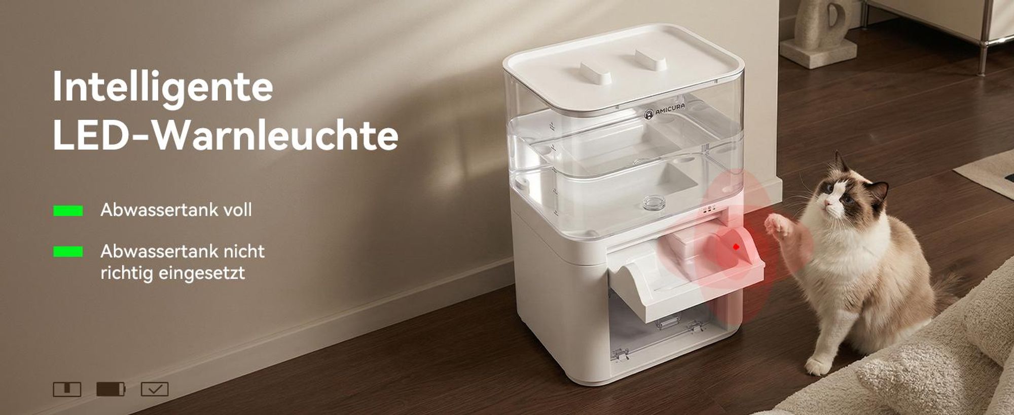 Kabelloser 5-in-1-Wasserbrunnen für Katzen, AMICURA A10, 180 Tage Laufzeit, 10.000 mAh, 2 l großes Fassungsvermögen