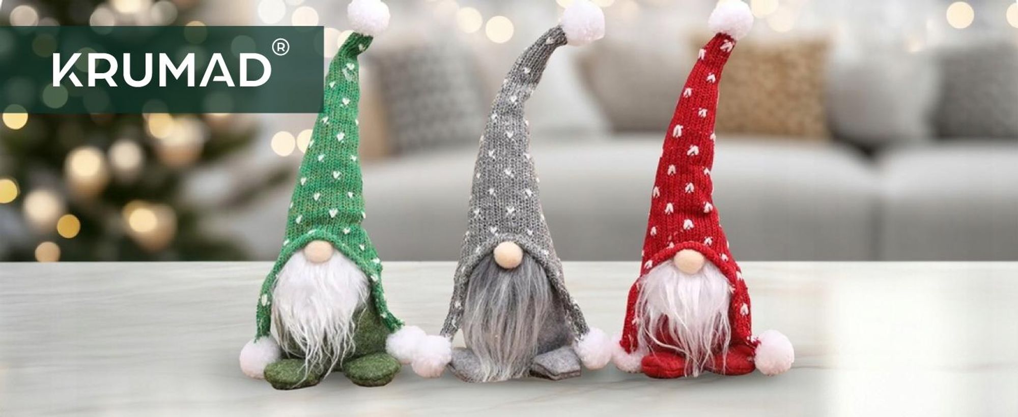 KRUMAD Weihnachtswichtel Set 3 Stück – 27 cm Dekofiguren in Rot, Grün & Grau – Skandinavische Weihnachtsdeko Figuren mit Gewicht – Festliche