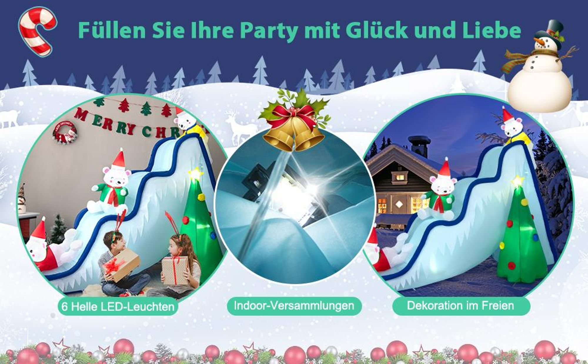 COSTWAY 220cm Aufblasbare Weihnachtsrutsche LED, beleuchtete  Weihnachtsdekoration mit Gebläse, Schneerutsche, Weihnachtsbaum & 3 Eisbären