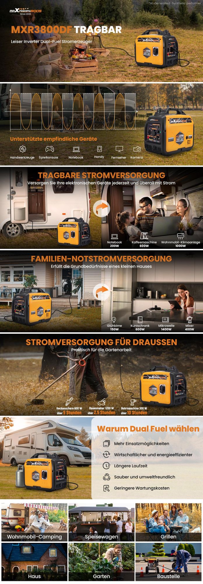 3500W Dual Fuel Inverter Stromerzeuger Benzin & LPG Generator For Camping Garten