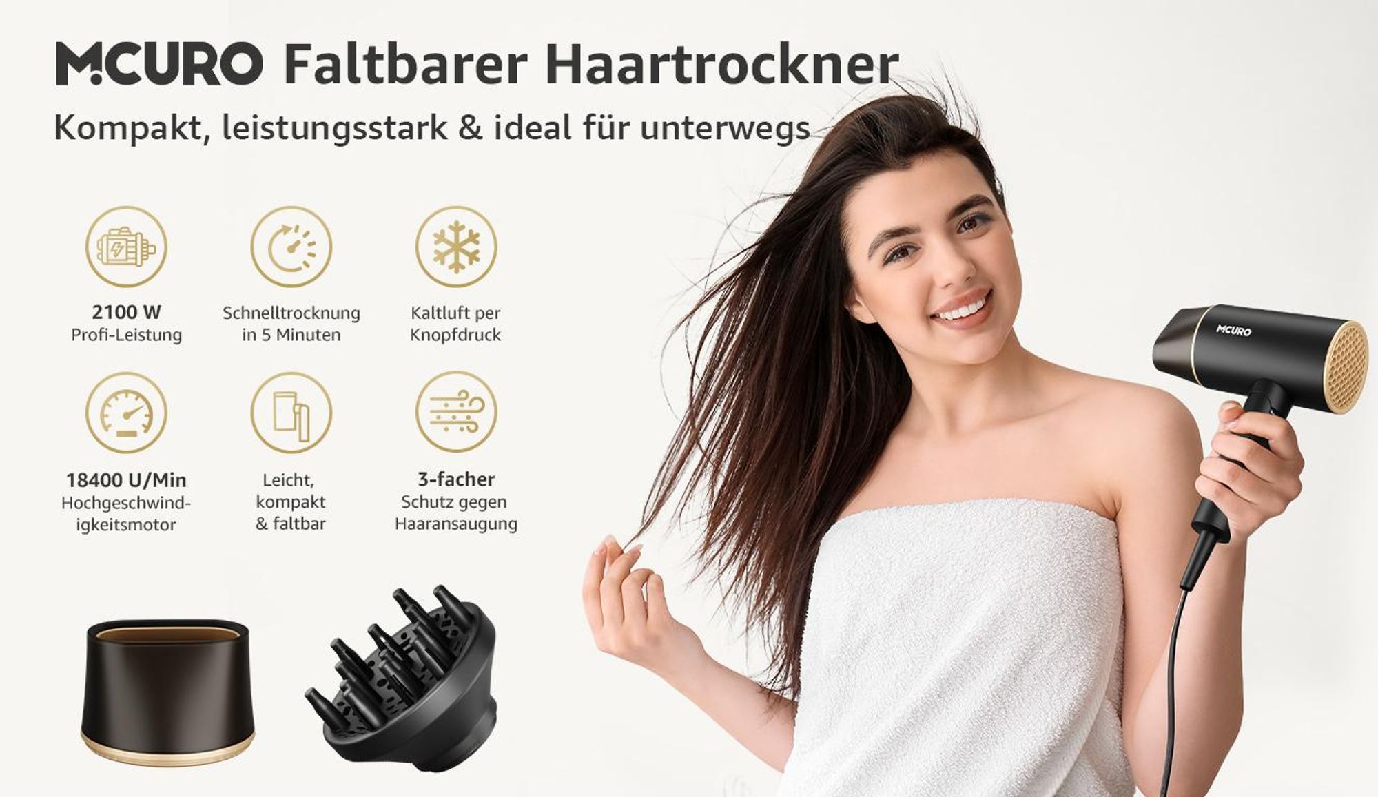 MCURO Haartrockner Ionen 2100W, Profi Föhn mit Heiß-/Kaltlufttaste, 2 Heizstufen & 3 Geschwindigkeiten, Faltbarer Reisehaartrockner, Schnelltrocknend, Schwarz