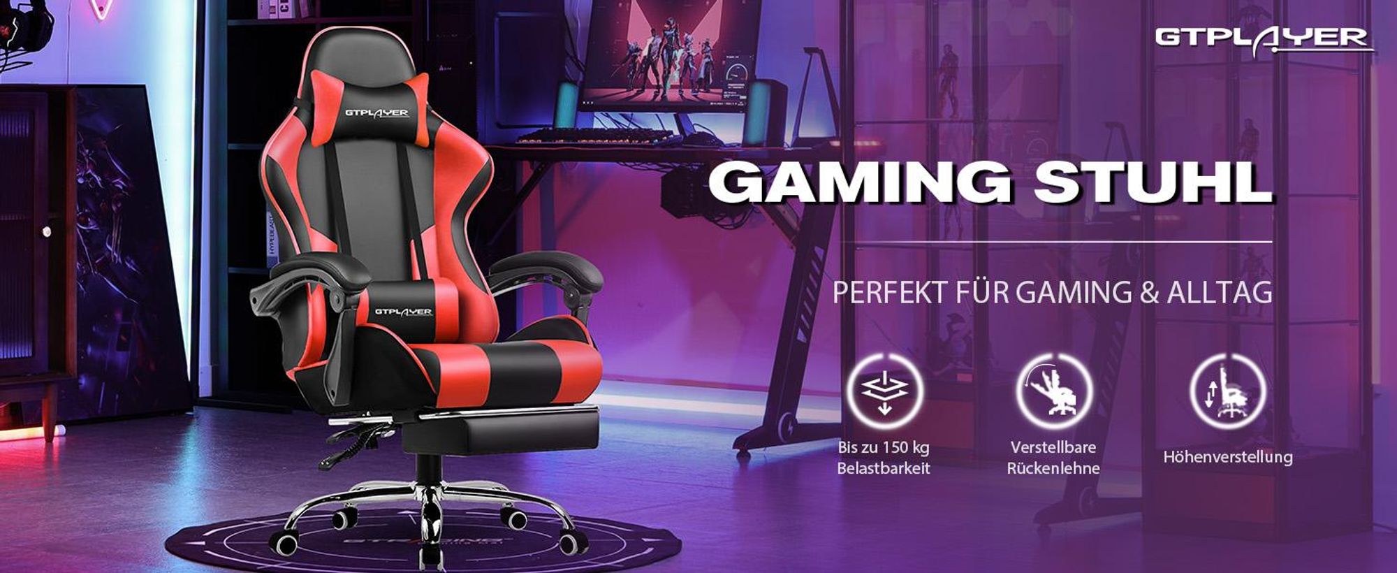 GTPLAYER Gaming-Stuhl Schreibtischstuhl, Ergonomischer Bürostuhl Mit Massagefunktion und Fußstütze, Gestänge Handlauf, Fußkreuz aus Stahl, Rot