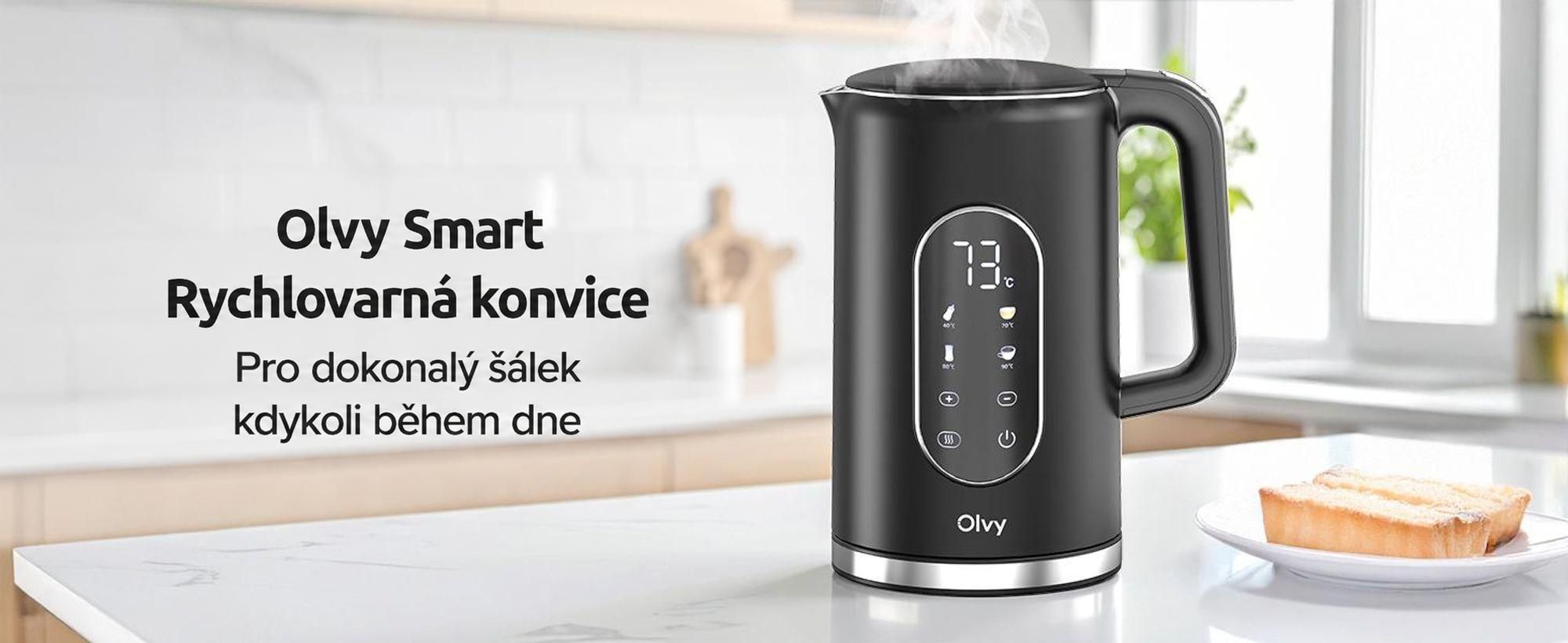 Rychlovarná konvice Olvy s nastavením teploty 1,7 l - LCD displej, 2200 W, bez BPA, funkce udržování teploty, filtr proti vodnímu kameni, volba teploty 40-100°, nerezová ocel