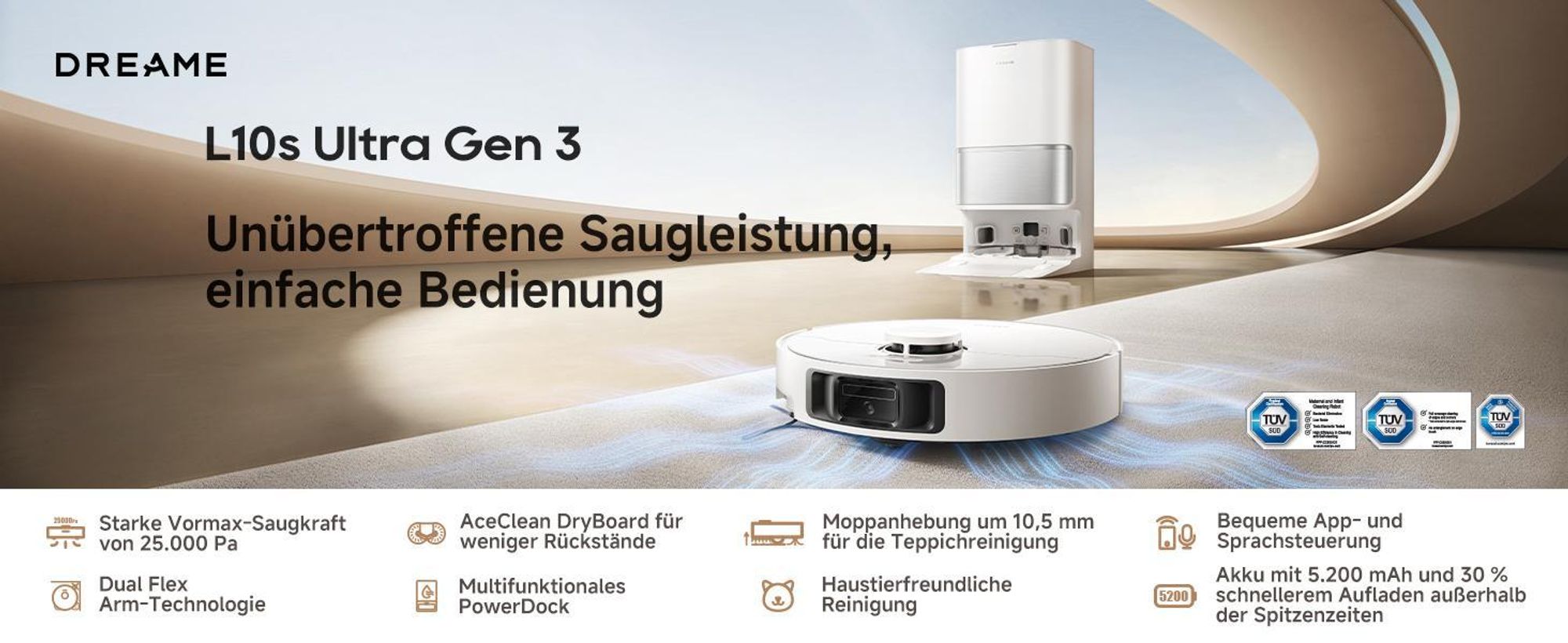 Dreame L10s Ultra Gen3 Staubsauger Roboter mit Wischfunktion&Selbstreinigender Mopp,25KPa Saugleistung,Haustiermodus,All-in-One Dock,Teppichreinigung
