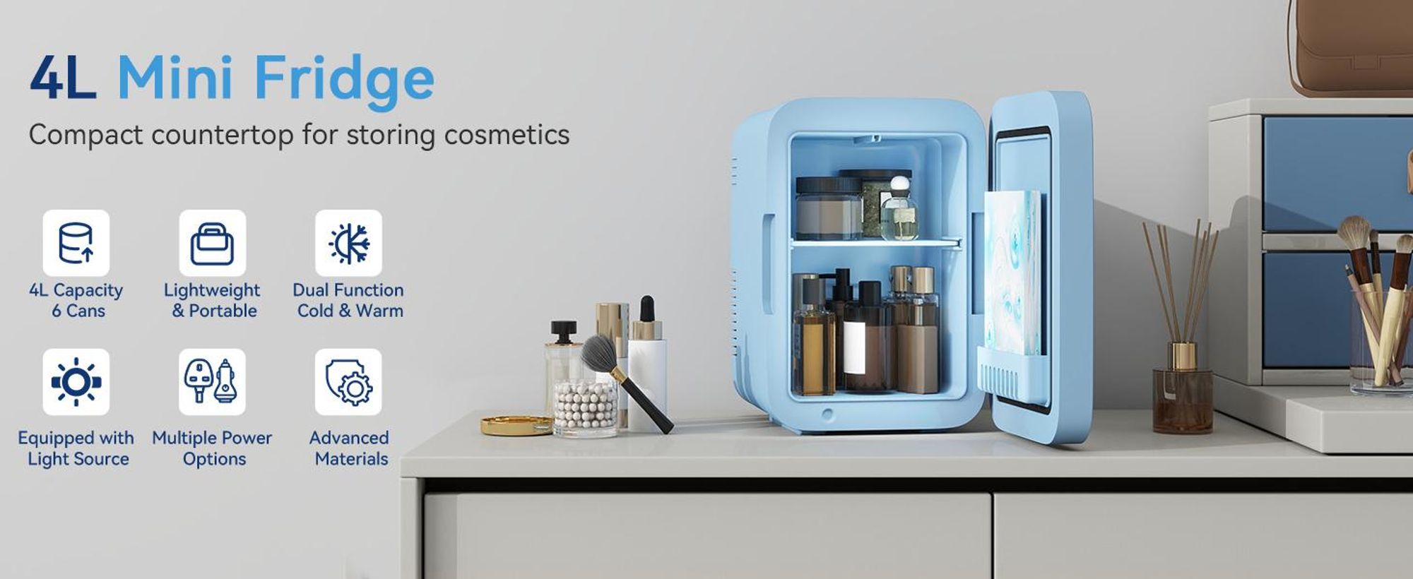 Puluomis Mini-koelkast 4L met LED-spiegel, draagbaar, geschikt voor cosmetica, blauw (kan zowel koelen als verwarmen)