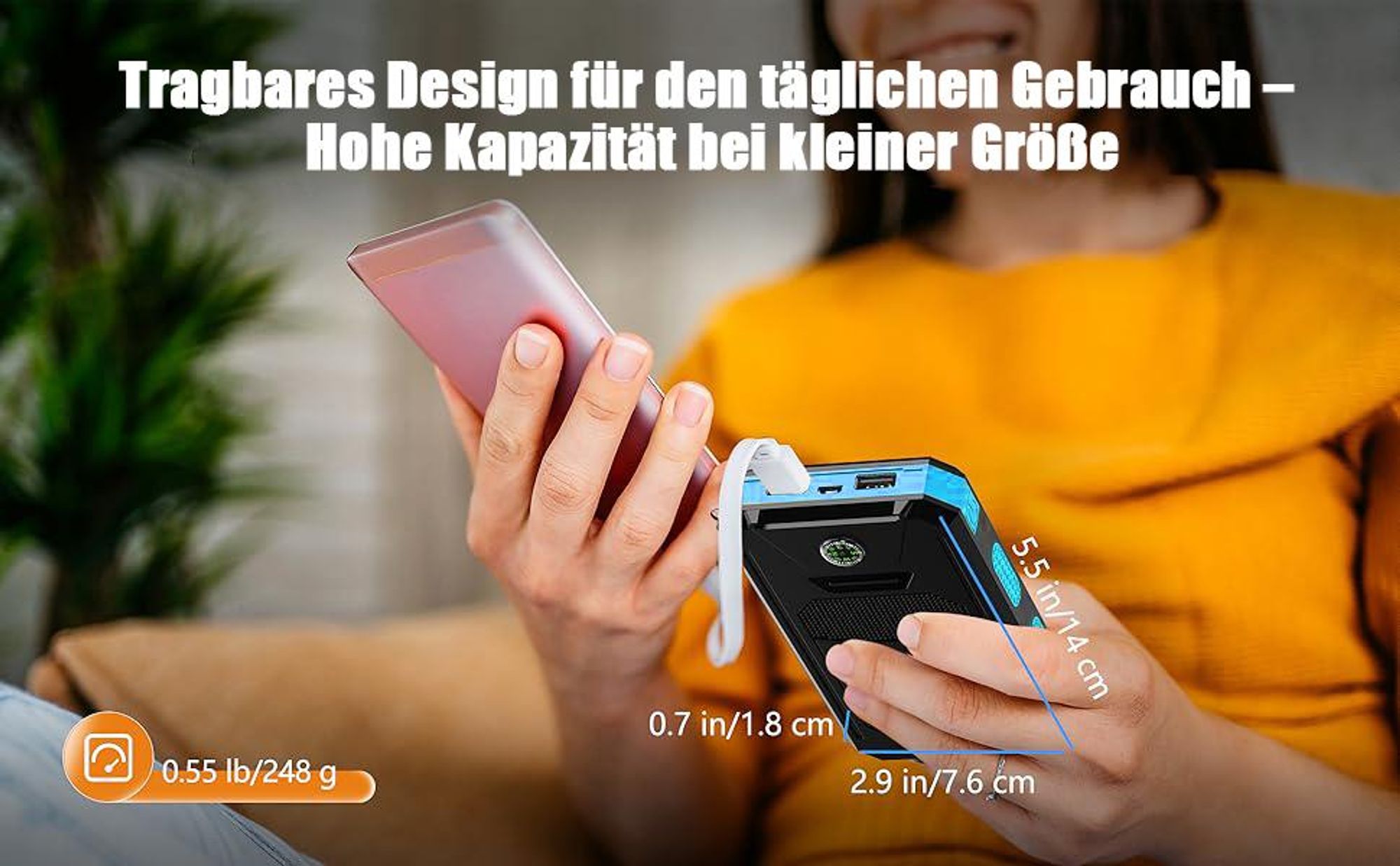 Solar Powerbank, Powerbank Solar Schlagfest und Wasserdicht, Die solar powerbank Outdoor mit Fast unendlicher Power, Die solarpowerbanks mit Taschenlampe und Compas