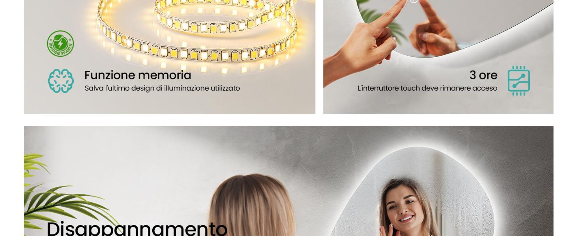 EMKE Specchio da bagno con illuminazione 60 x 45 cm Specchio da bagno asimmetrico, specchio da bagno con 3 colori di luce Dimmerabile, antiappannamento, interruttore a sfioramento