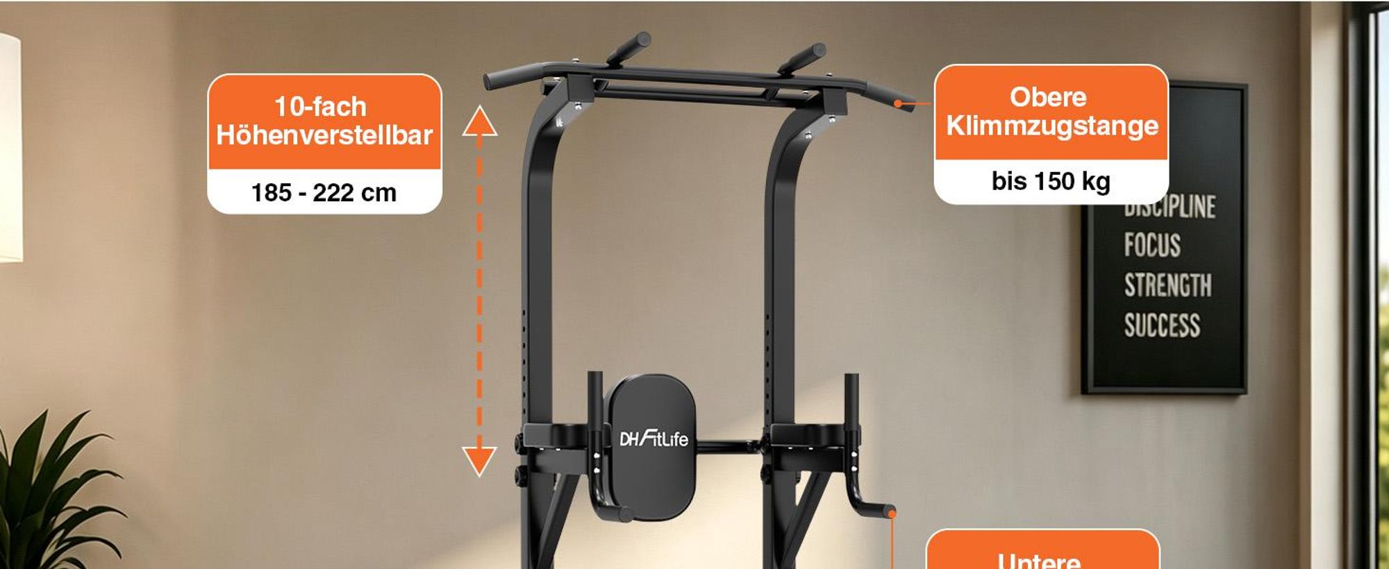 DH FitLife Premium Power Tower, Klimmzugstation mit Dip Station, 10-fach höhenverstellbar 185–222 cm, 50×50 mm Stahlprofil, Kraftstation für Home Gym
