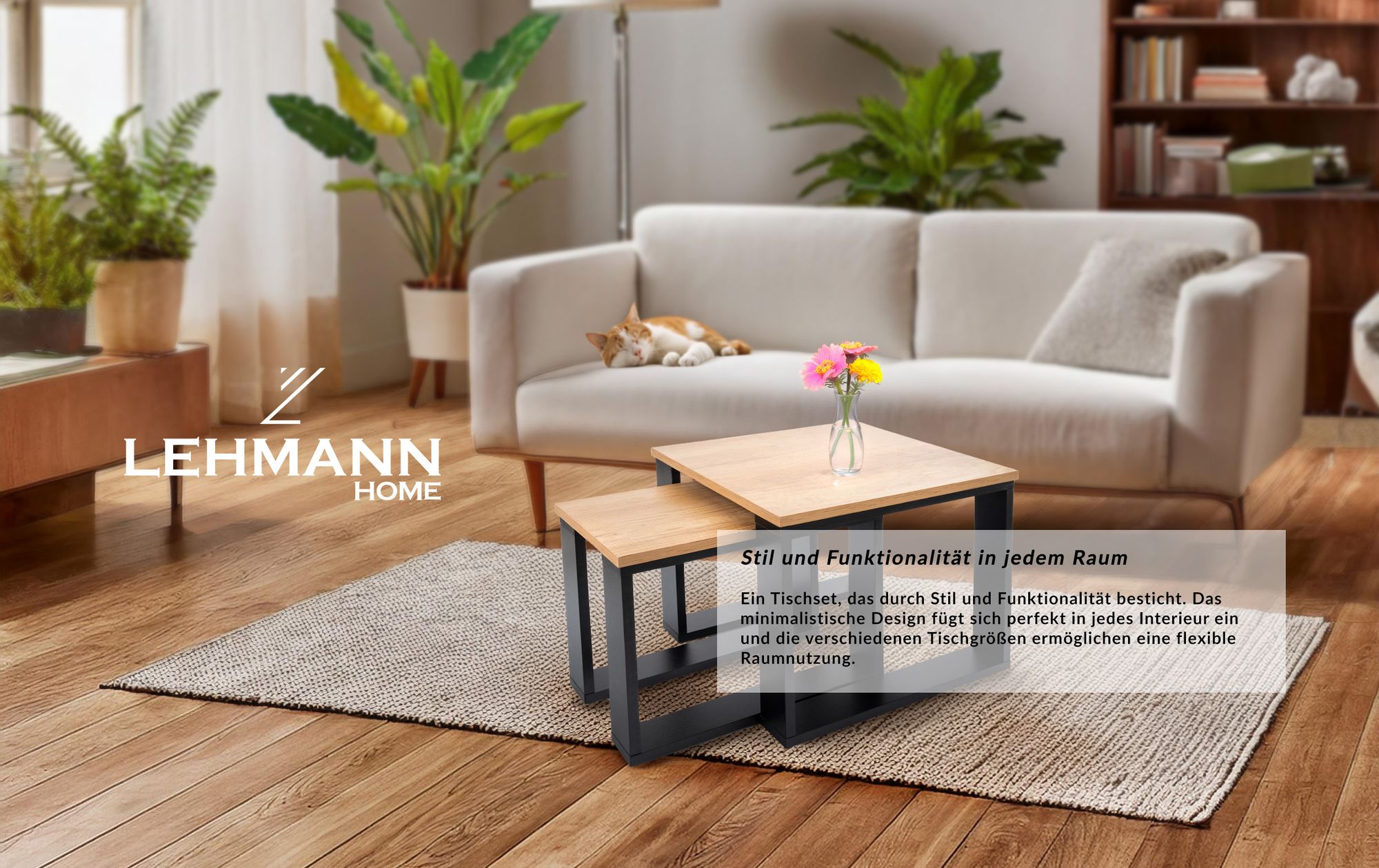 Lehmann Couchtisch 2er Set in 2 Größen für das Wohnzimmer, mit Holzplatte und schwarzem Gestell