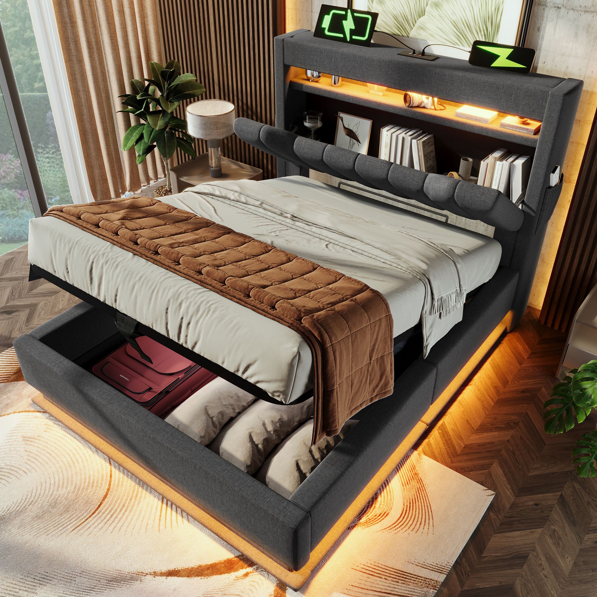 Flieks Polsterbett 90x200cm mit Ladefunktion (USB & Type-C), Einzelbett Jugendbett mit Led, Stauraumbett Boxspringbett mit Stauraum, Leinen, Grau