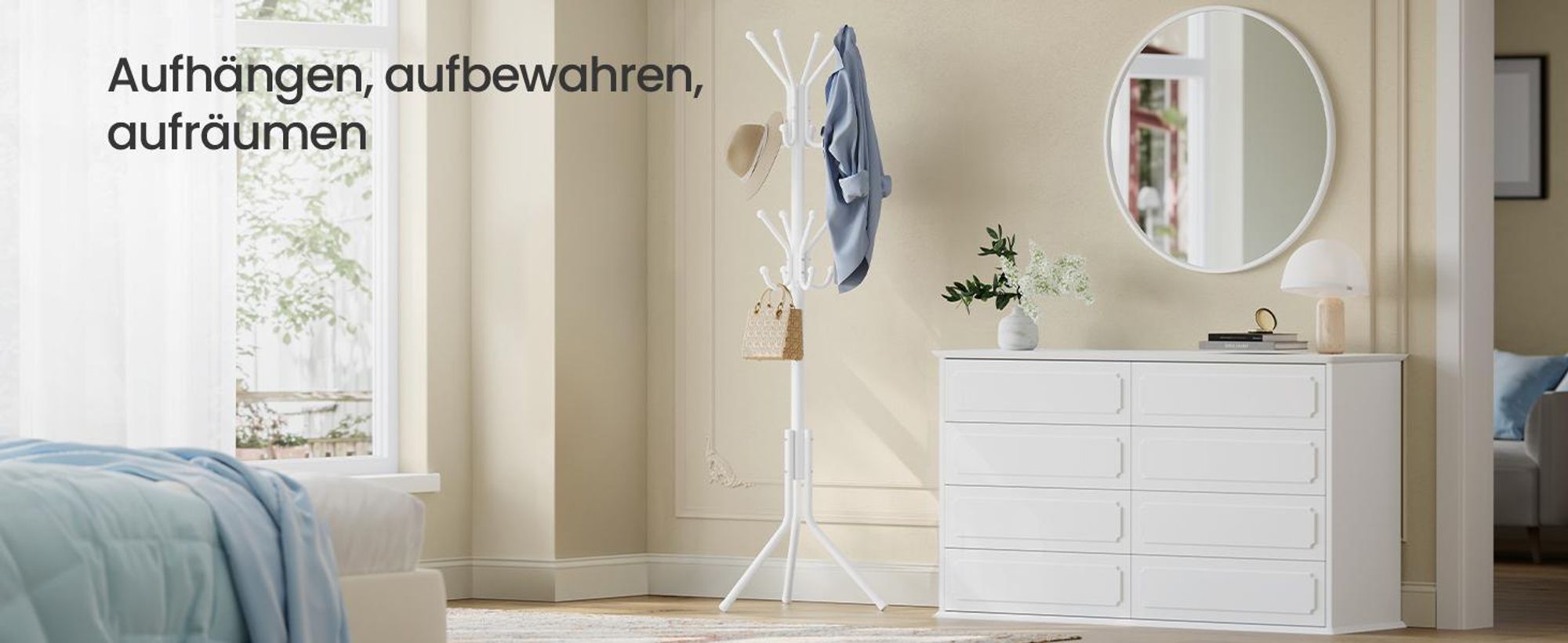 SONGMICS Garderobenständer aus Metall, Kleiderständer mit Haken, für Wohnzimmer, Flur, Schlafzimmer, weiß