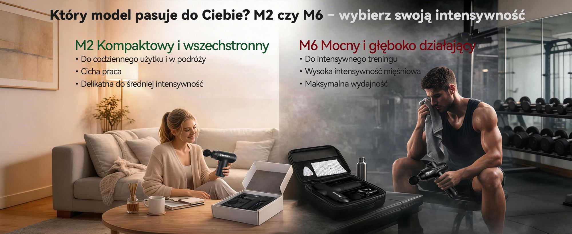 Mini masażer i urządzenie do rozluźniania mięśni FunLife M2, głębokość masażu 12 mm, 6 stopni intensywności, 4 nasadki masujące, zasilanie USB-C, cichy (<45 dB), waga zaledwie 0,5 kg