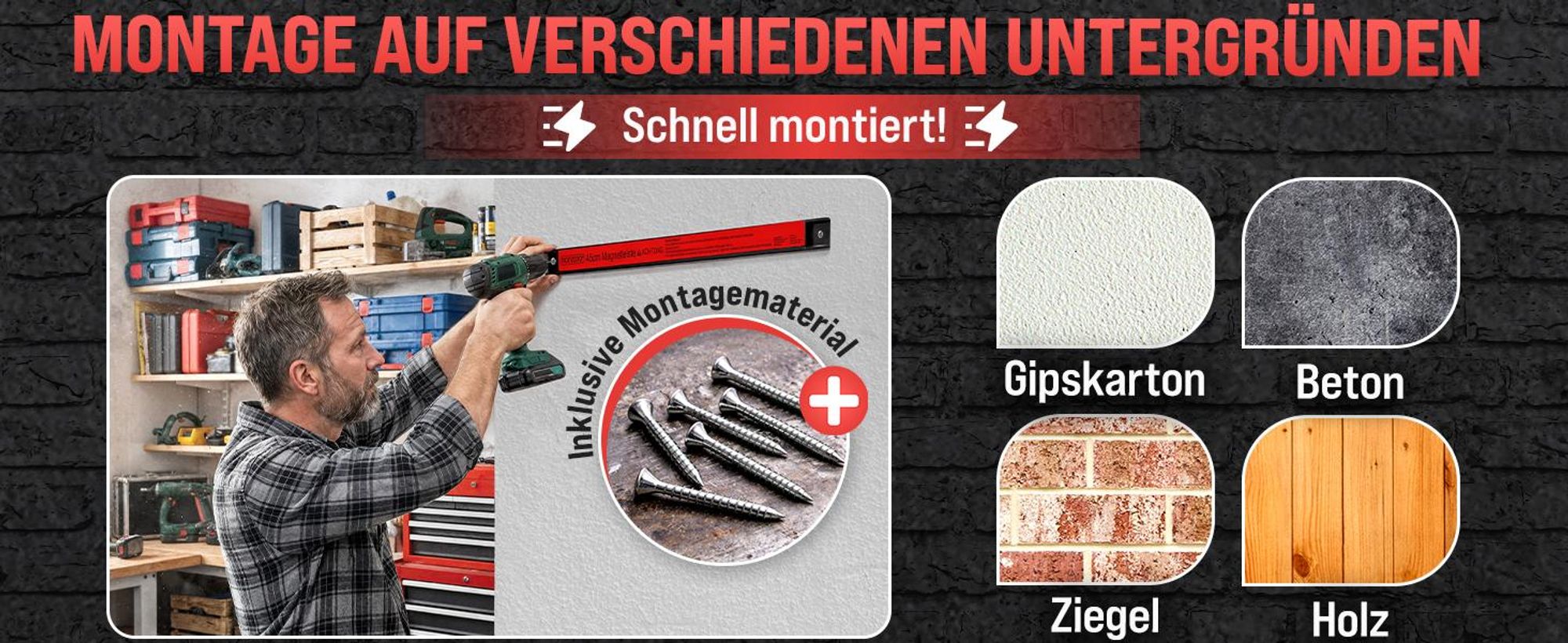 DEUBA® 3x Magnetleiste 60cm 23kg Tragkraft Magnetisch Werkzeugleiste Werkzeughalter Werkzeugwand Werkstatt Werkzeug Organizer inkl. Montagematerial