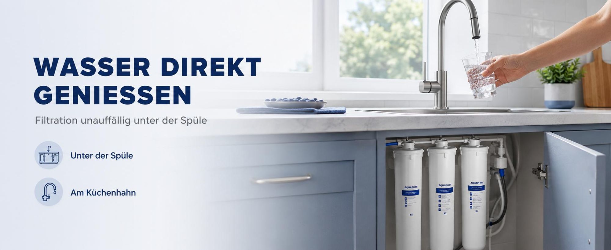 AQUAPHOR Crystal A TRIO Trinkwasserfiltersystem mit 1 Wege Wasserhahn, Keimsperre gegen Bakterien, aktives Chlor, Schwermetalle, Pharmazeutika, Medikamente und Mikroplastik
