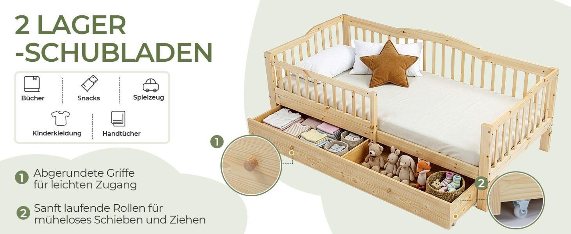 FCH Kinderbett mit Schubladen 80x160cm, Hausbett mit Lattenrost, Bodenbett mit Stauraum und Abnehmbarer Barriere, Naturbelassen