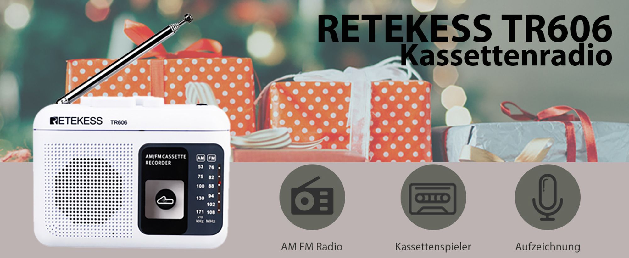 Retekess TR606 Tragbarer Kassettenrekorder, FM/AM Radio,Schneller Vor-/Rücklauf, Tape Recorder, Geschenk für ältere Menschen (Weiß)