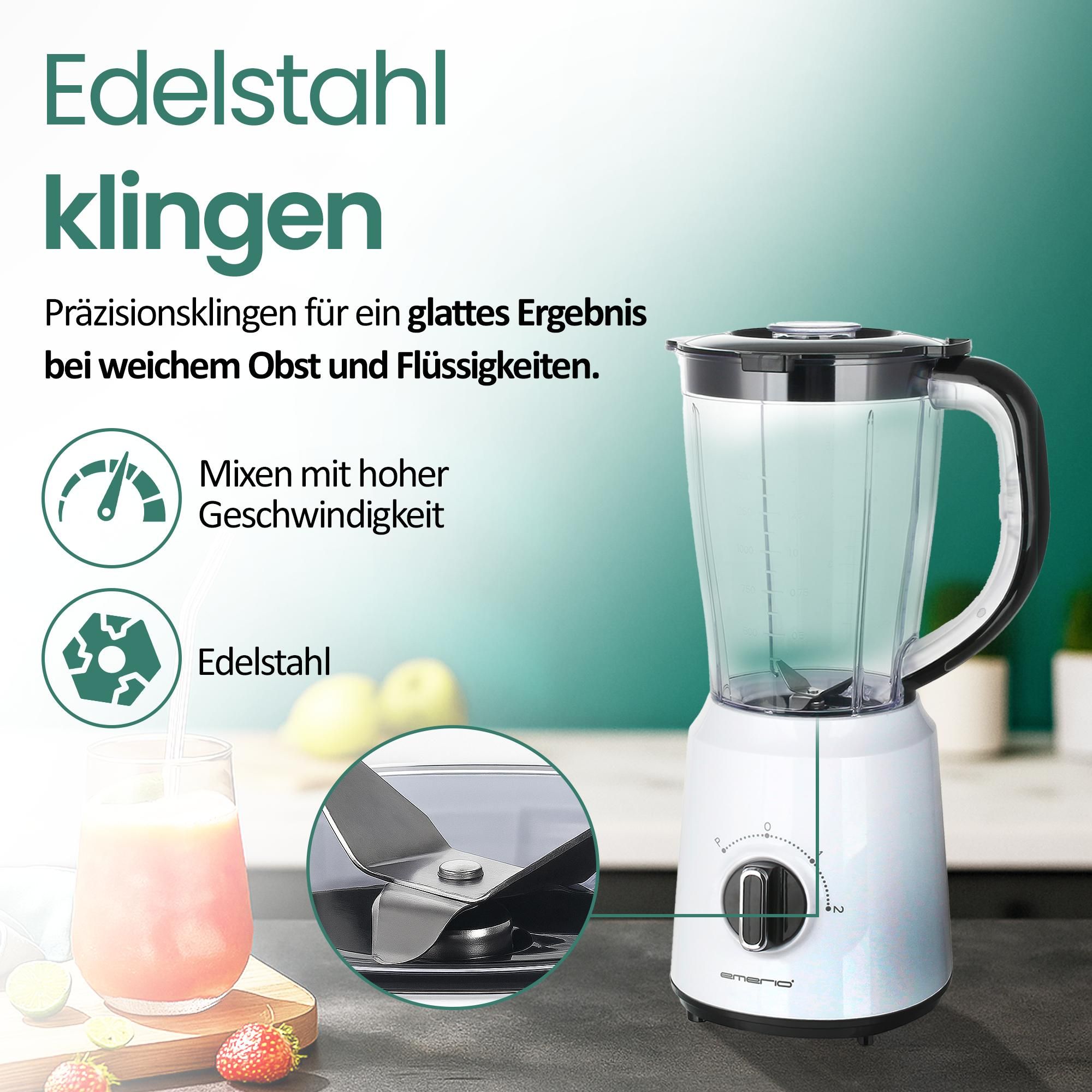 Emerio Blender 1,5 L – Smoothie-Maker mit 2 Geschwindigkeitsstufen – Edelstahlmesser & spülmaschinengeeignet – 500 W – Blender-to-Go BL-124816.7