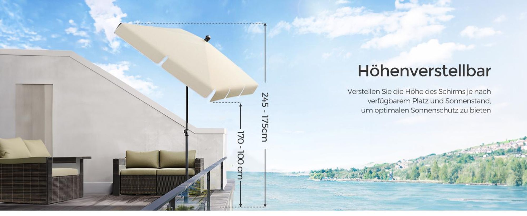 SONGMICS Sonnenschirm 230 x 150 cm UPF 50+ Sonnenschutz