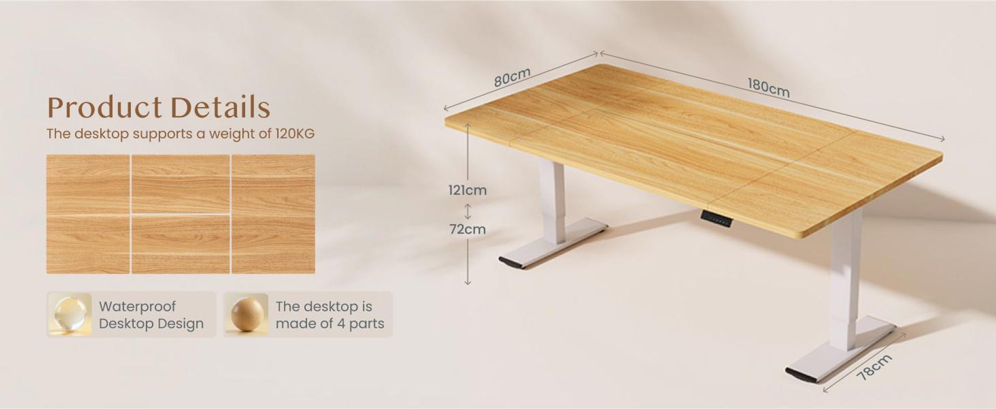 FLEXISPOT QB2, výškově nastavitelný psací stůl, elektrický, rozměry 180x80 cm, s držákem monitoru, 2 výkonné motory, nosnost 120 kg, 4 paměťové funkce (jasan)