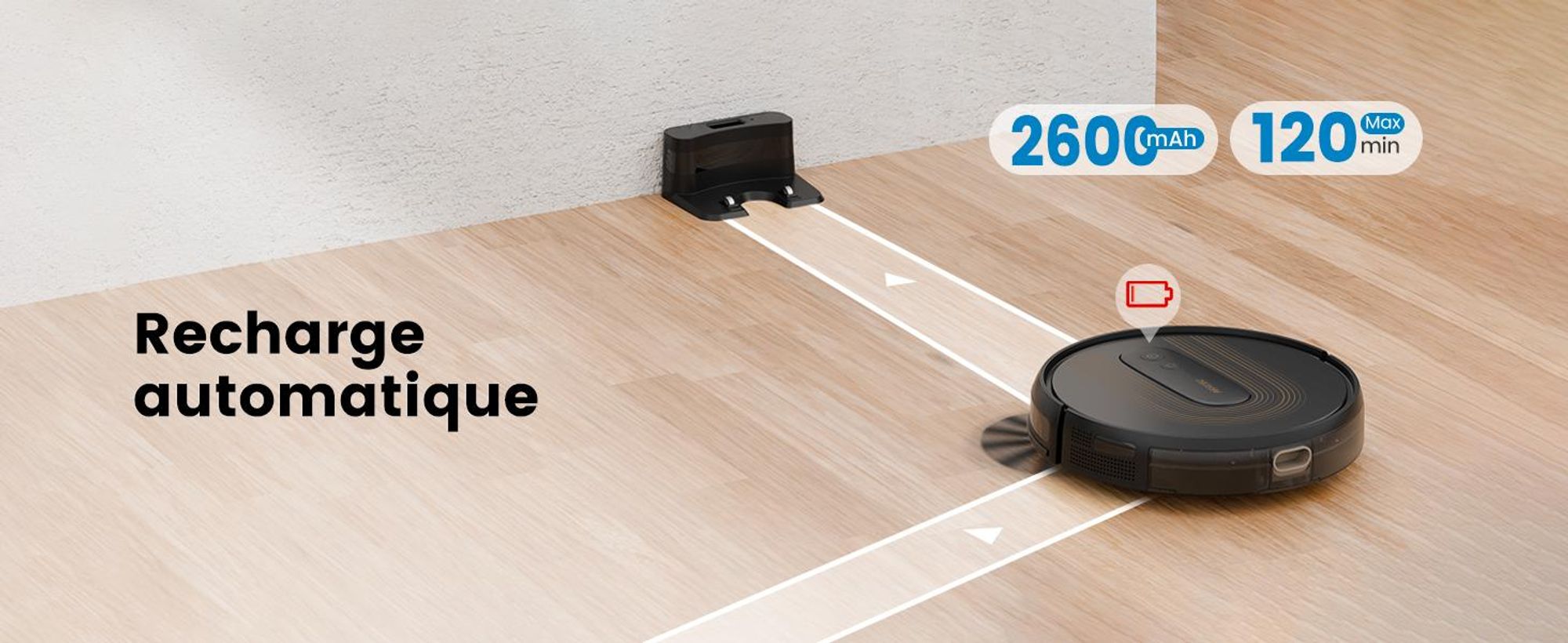 Robot aspirateur AIRROBO G50, puissance d'aspiration de 4 000 Pa,via application, autonomie de 120 minutes, grand bac à poussière de 600 ml, robot aspirateur optimisé pour les tapis et les poils d'animaux