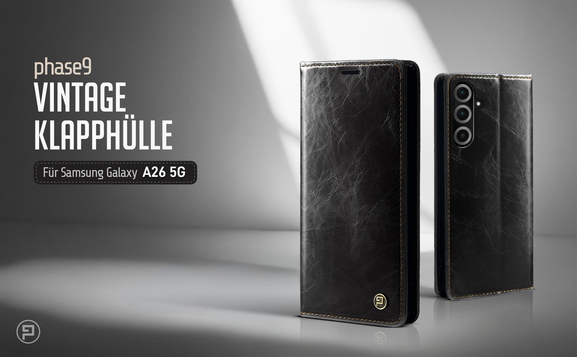 Schwarze Klapphülle für Samsung Galaxy A26 5G im klassischen Vintage Look