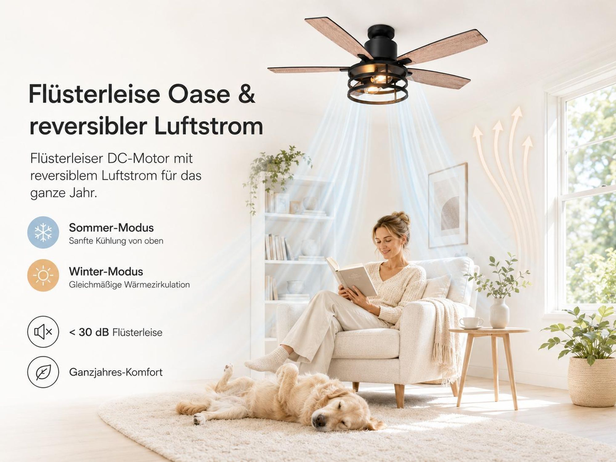 Ø112 cm Deckenventilator mit Licht und Fernbedienung Industrie Käfig-Design Leise DC Motor 5 Wendbare Flügel Deckenlüfter für Schlafzimmer Wohnzimmer