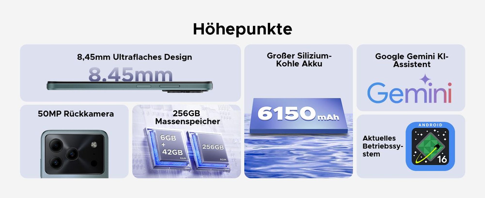 DOOGEE Note56 Plus Smartphone Handy, Android 16, 6,56" 90Hz, 6150mAh Akku, 48GB+256GB, 4G, 50MP, NFC, Fingerabdruck, Gesichtserkennung, ohne Vertrag