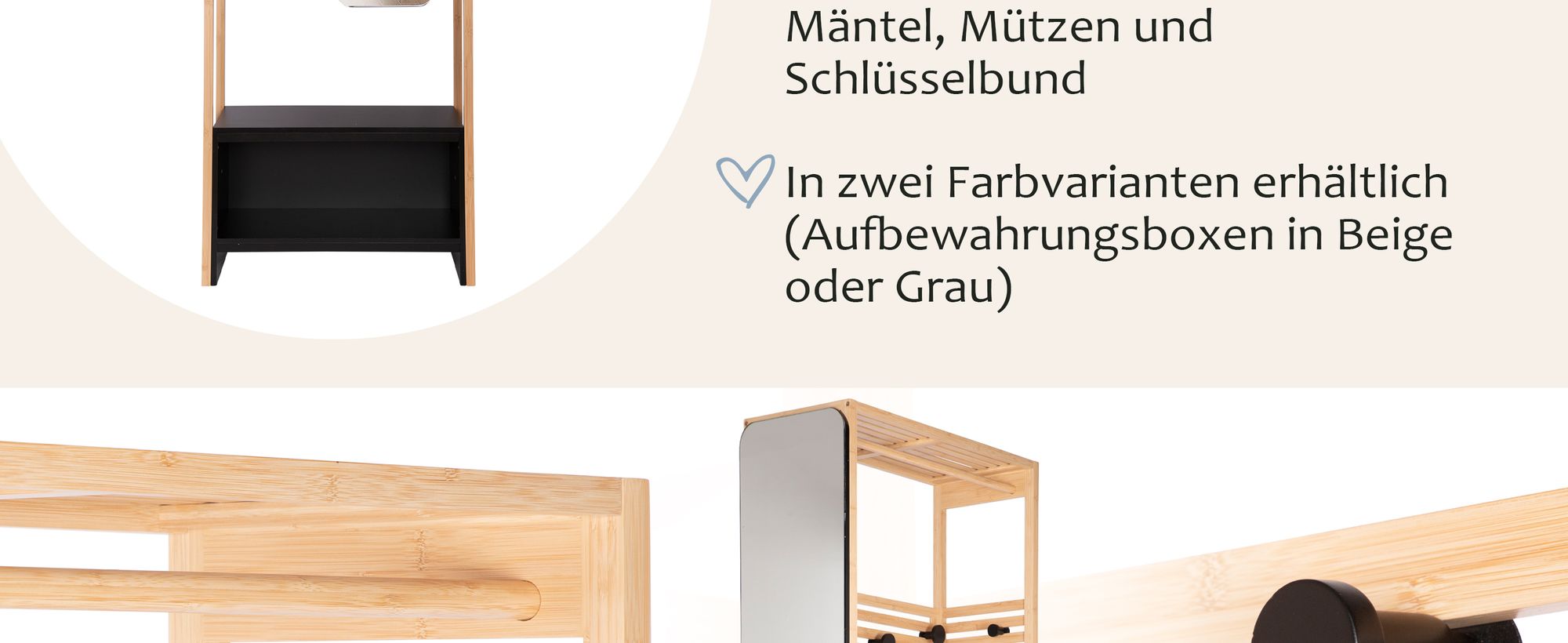 ONVAYA® Garderobenständer mit Spiegel ǀ Grau ǀ Bambus Garderobe mit Kleiderstange, Haken, Aufbewahrungsboxen und Sitzbank