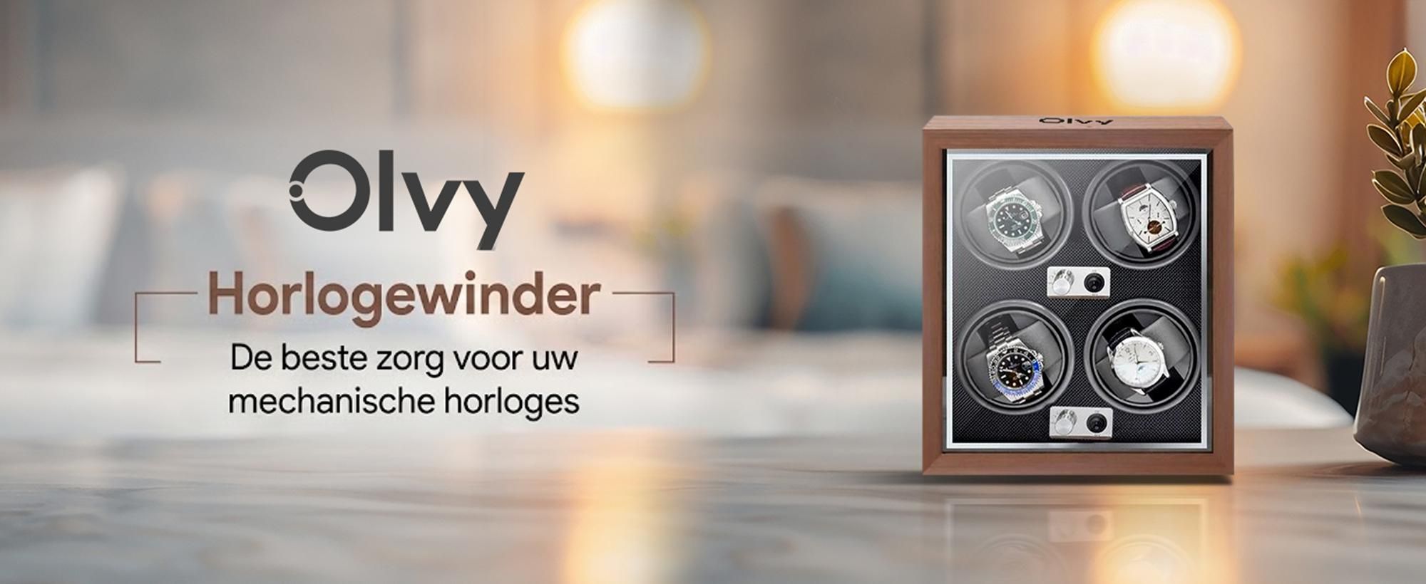 Olvy horlogewinder voor 4 horloges, met LED-verlichting, horlogewindervak van hout, met een extreem stille Mabuchi-motor, flexibele horlogebakken, horlogewinder