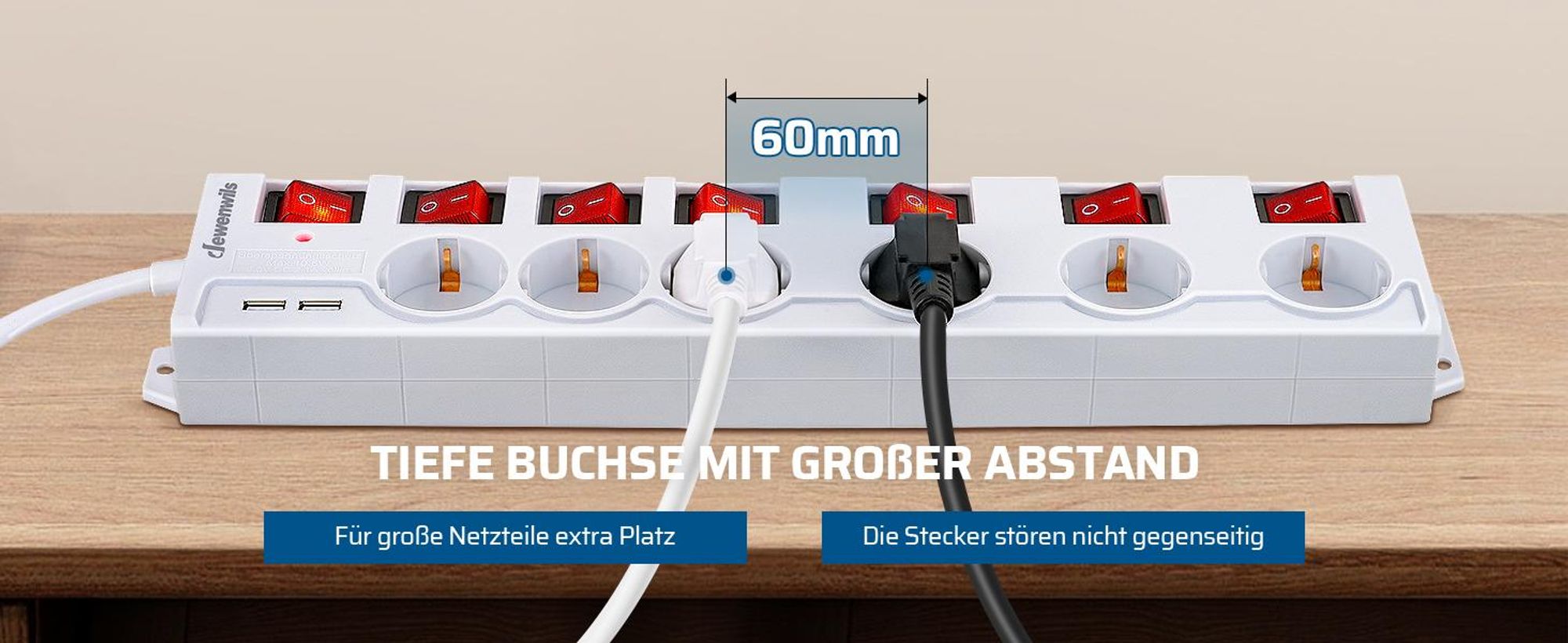 DEWENWILS 3m Steckdosenleiste mit USB, Mehrfachsteckdose Einzeln Schaltbar, Weiß