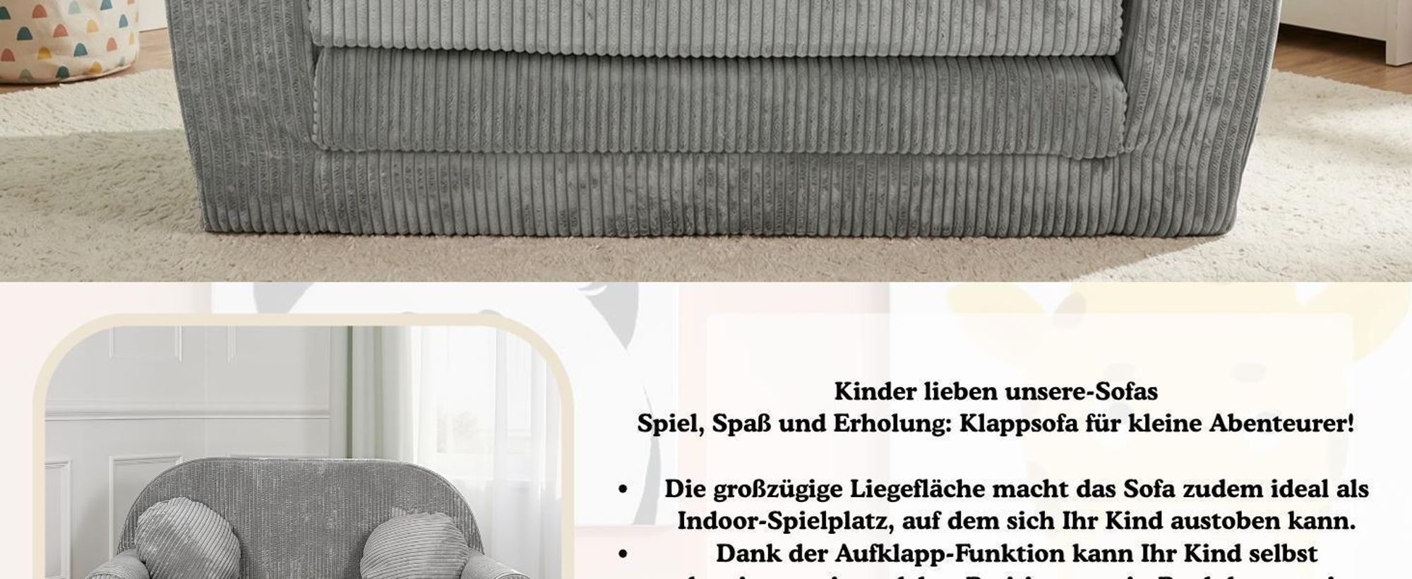 Kindersofa groß Cord in Dunkelblau mit Verlängerung, bequem & klappbar