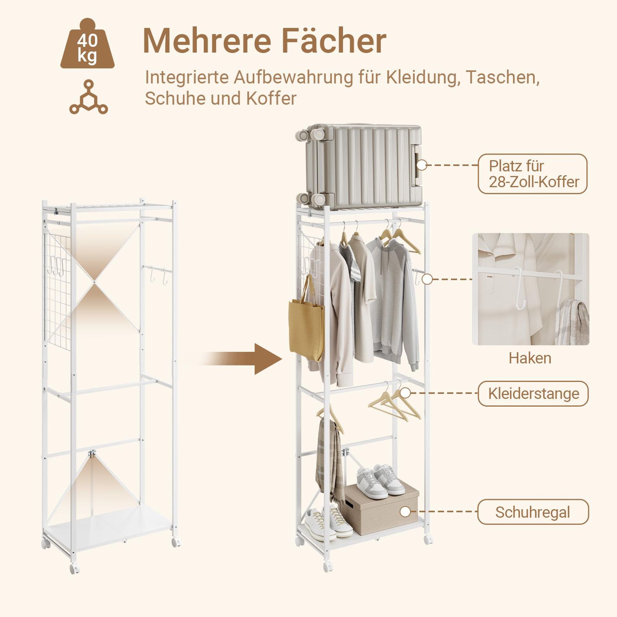 SoBuy Kleiderständer mit Rollen und Ablageböden, Garderobenständer aus Metall, Weiß Vertikaler Metallrahmen mit oberem KLS21-W