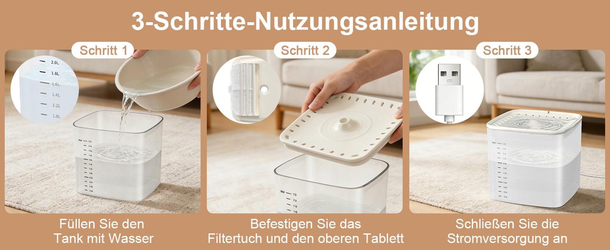 Trinkbrunnen für Katze, Katzenbrunnen, Automatischer Trinkbrunnen für Katzen und Hunde, 3L Wassertank, Leise Wasserpumpe, mit 2 Filterpatronen