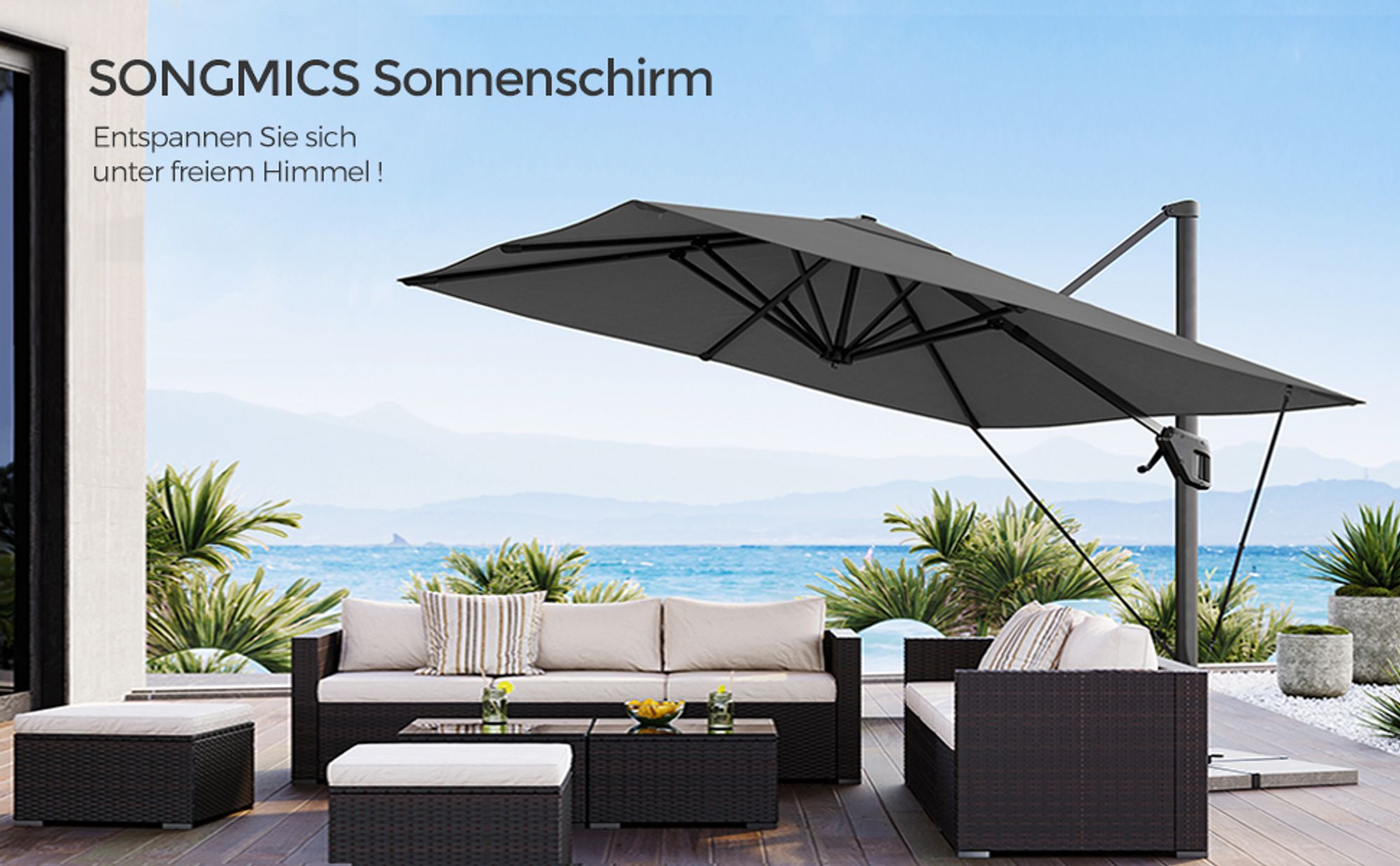 SONGMICS Sonnenschirm Ampelschirm 290 x 290 cm UPF 50+ mit Ständer um 360° drehbar