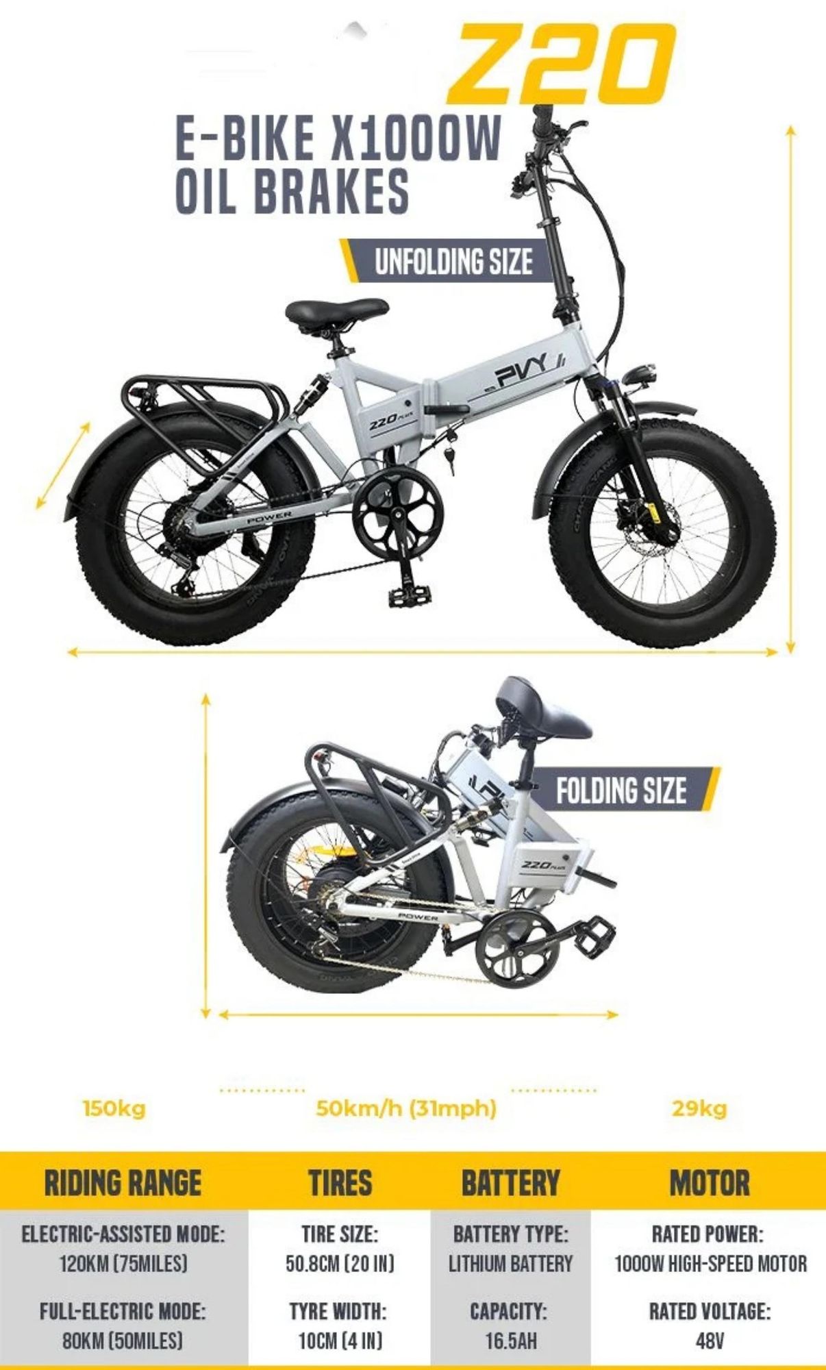PVY Z20 Plus 1000 Elektrisches Fahrrad - 250W Motor 48V16.5AH Batterie 120KM Reichweite Hydraulische Scheibenbremse - Grau