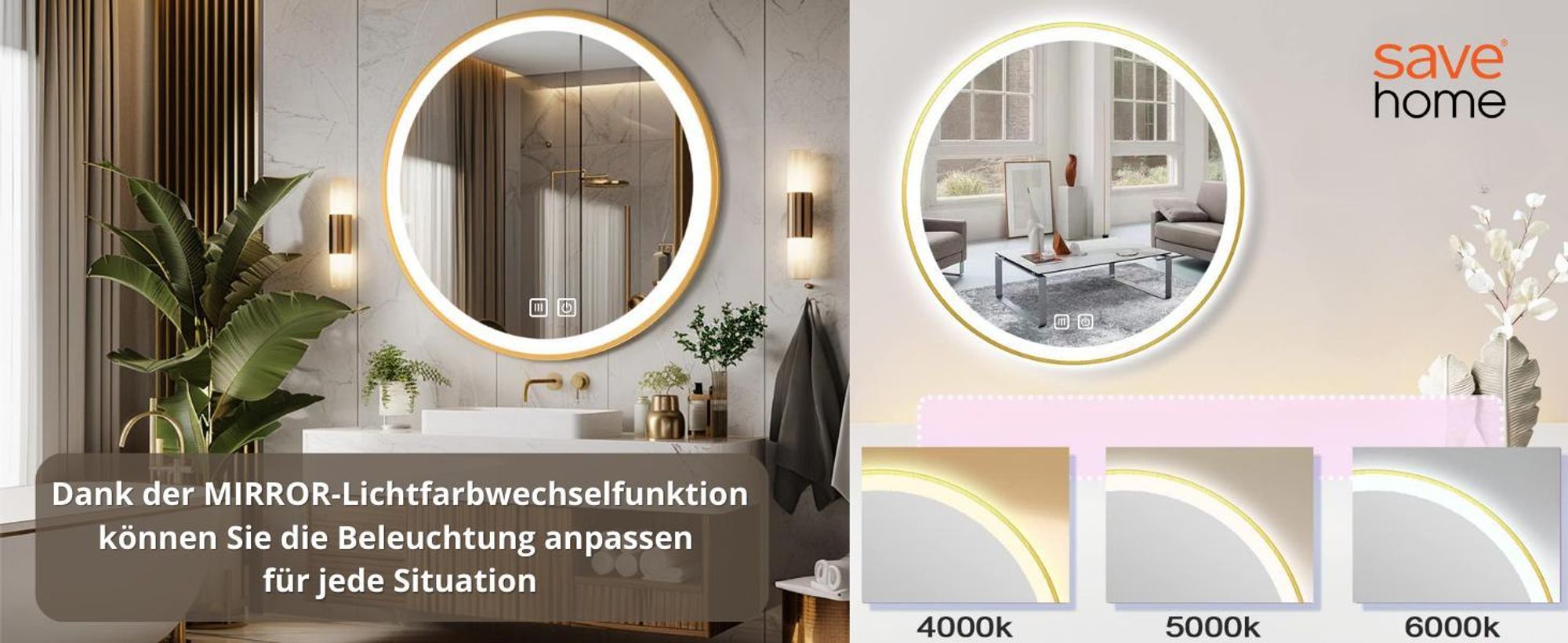 LED Badezimmerspiegel Rund 80 cm – Badspiegel mit LED Beleuchtung, Touch-Schalter, Anti-Beschlag, 3 Lichtfarben, Goldener Rahmen – SAVE HOME