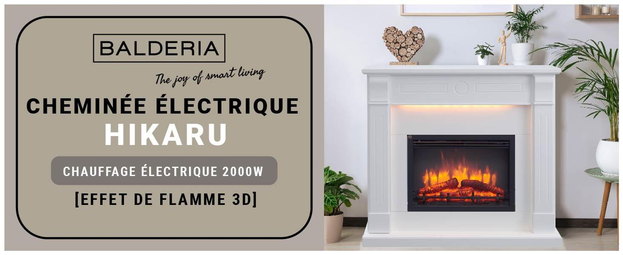Cheminée électrique sur pied BALDERIA Hikaru – Puissance de chauffage jusqu'à 2 000 W, blanche